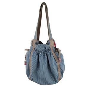 Thirty-One Blue White Ticking Stripe Floral Hobo Shoulder Bag Handbag Casual
